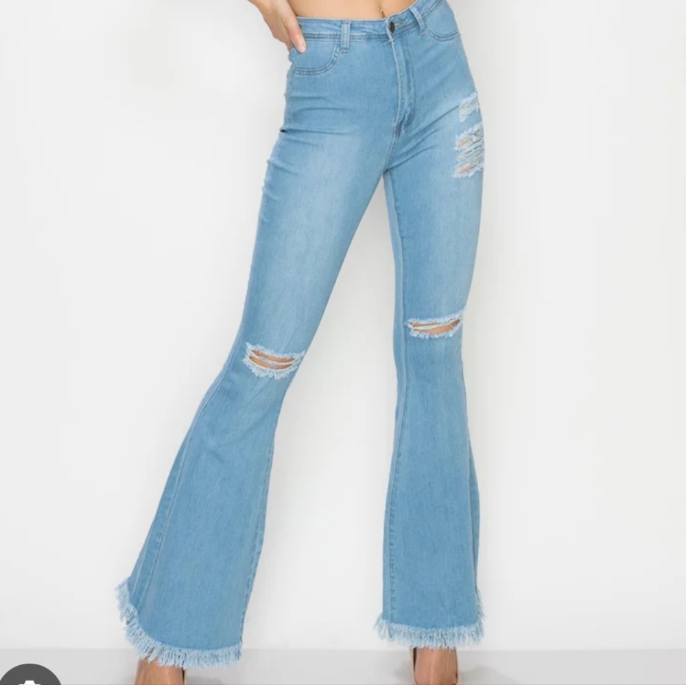 Love Light Blue Flare Jeans with Frayed Hem
